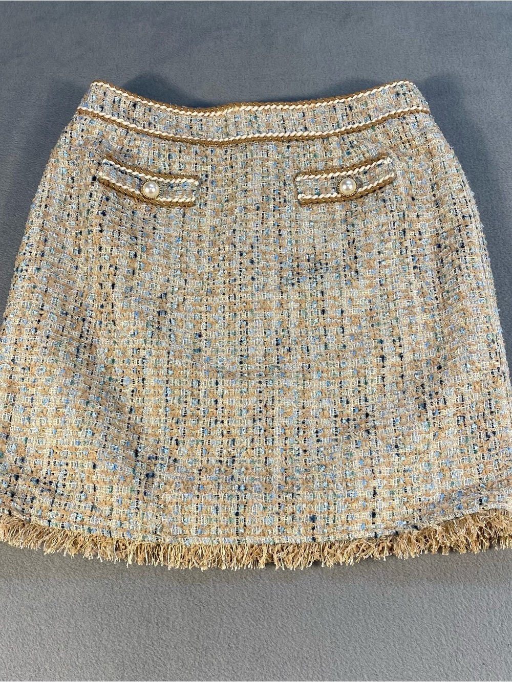 Women’s Classic Tweed Mini Skirt in Beige and Blue, back zipper, size L